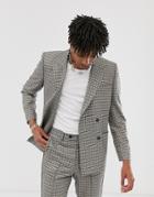 Asos Design Double Breasted Boxy Suit Jacket In Stone With Green And Blue Houndstooth - Stone