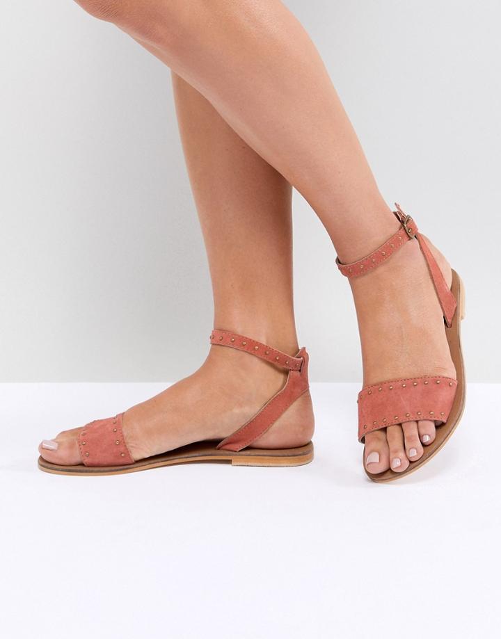 Asos Design Freja Leather Studded Flat Sandals - Red