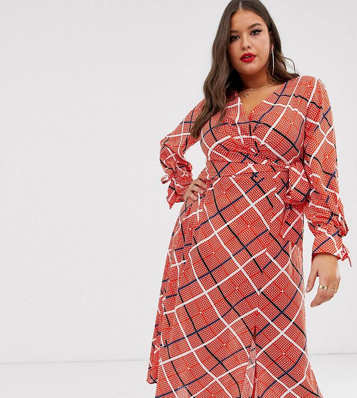 Asos Design Curve Wrap Midi Dress In Textured Check - Multi