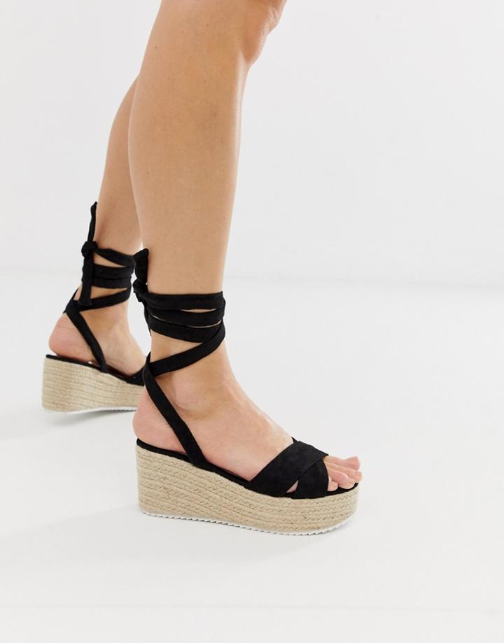 Glamorous Black Tie Up Espadrille Wedge Sandals