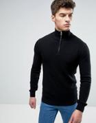 Solid Textured Sweater With Half Zip In Black - Black