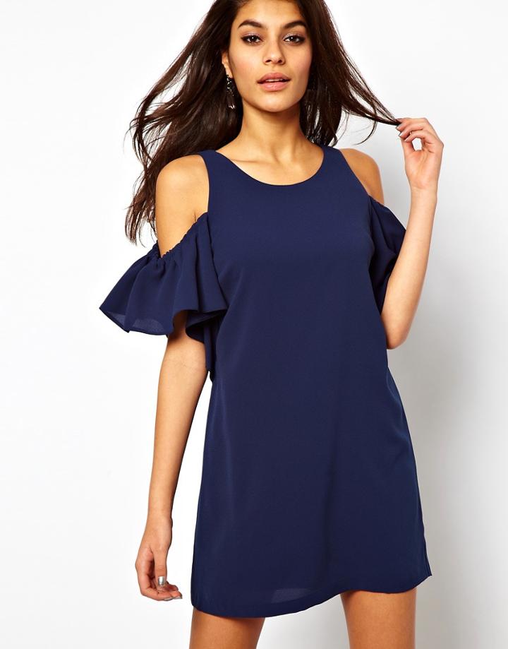 Asos Shift Dress With Ruffle Cold Shoulder - Blue