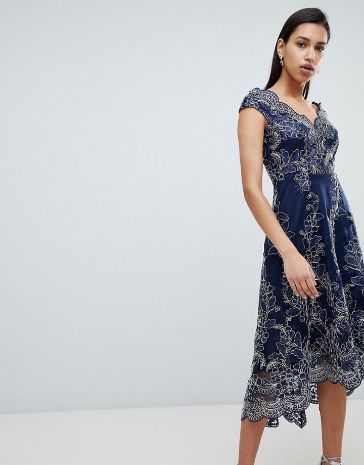City Goddess Lace Bardot Midi Dress - Navy