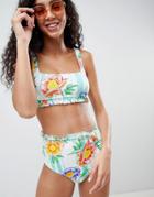 Asos Floral Stripe Asymmetric Frill High Waist Bikini Bottom - Multi