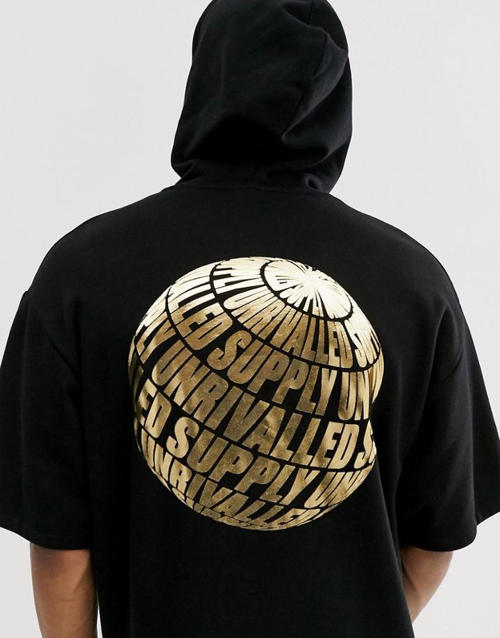 Asos Design Short Sleeve Oversized Hoodie With Gold World Print - Black