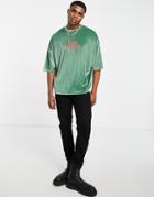 Asos Design Oversized T-shirt In Green Velvet With Chest Graffiti Embroidery