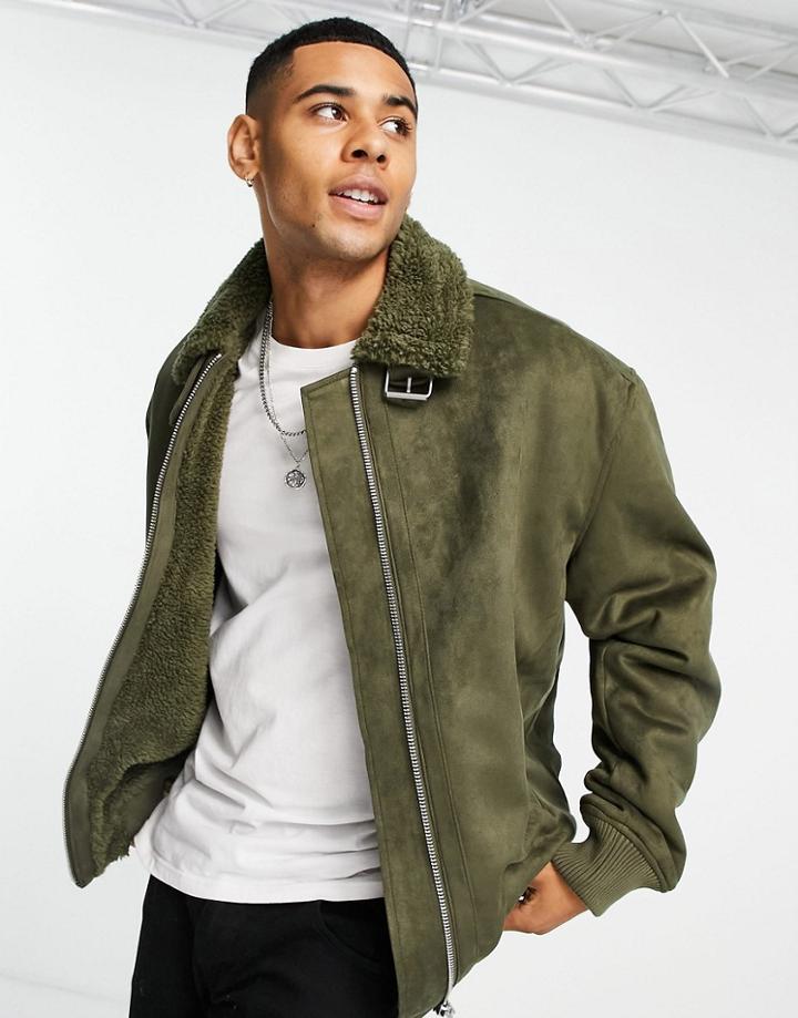 Topman Faux Shearling Bomber In Khaki-green