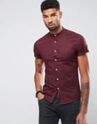 Asos Skinny Shirt With Grandad Collar In Burgundy - Red