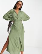 Asos Design Button Front Maxi Beach Shirt Dress In Textured Khaki-green