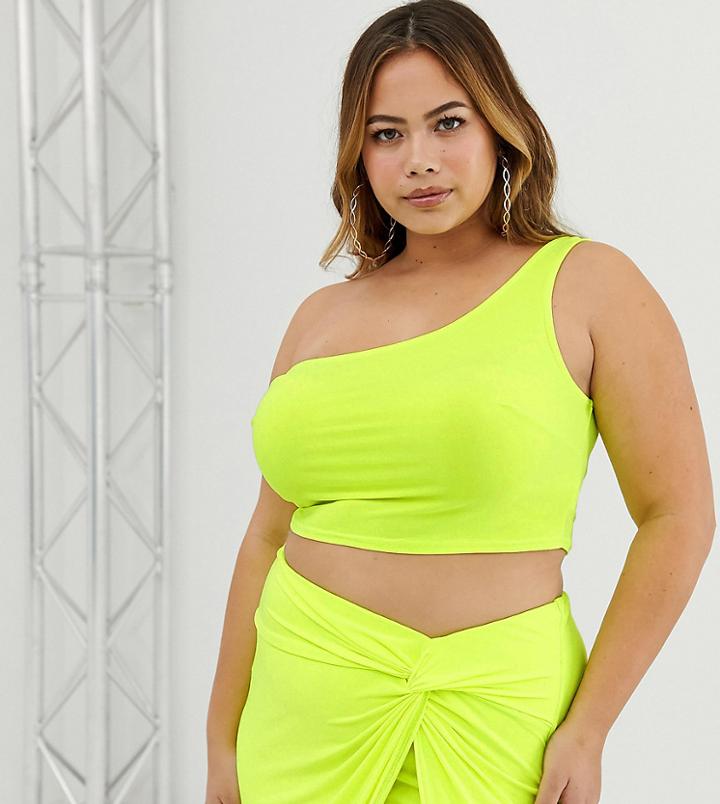 Club L Plus One Shoulder Crop Top - Green