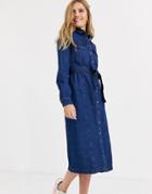 Pieces Tie Front Midi Western Denim Shirt Dress