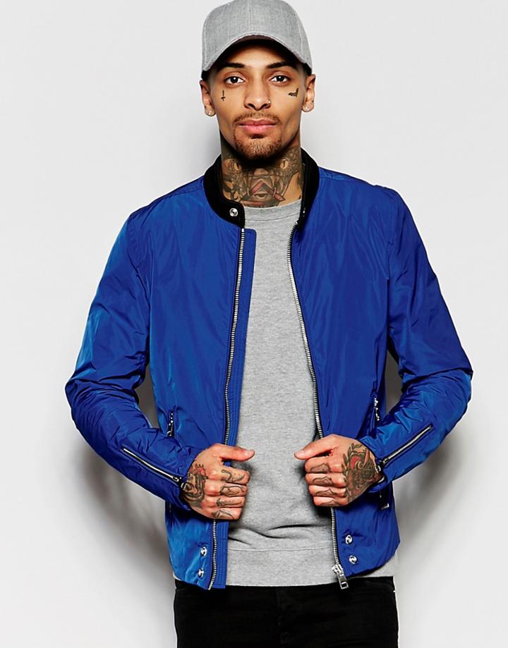 Diesel Biker Jacket J-edge-clean Lightweight Nylon Contrast Neck In Blue - Blue