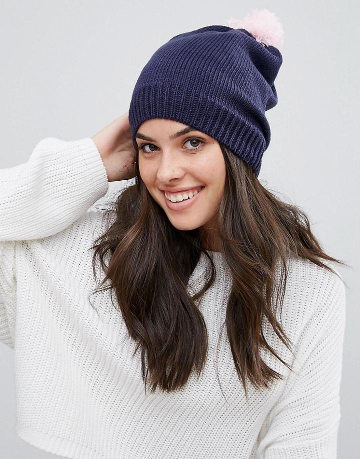 Plush Fleece Lined Pom Pom Beanie - Navy