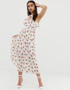 Fashion Union Midi Dress With Pleated Skirt In Floral - White