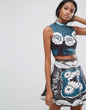 Comino Couture High Neck Printed Cropped Top - Green
