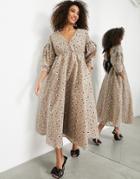 Asos Edition Bow Back Midi Dress In Embroidered Daisy In Mushroom-brown