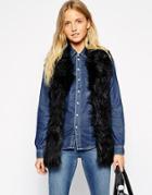 Brave Soul Faux Fur Vest With Pu Back And Detachable Tie Belt - Black