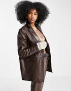 Barney's Originals Real Leather Boxy Fit Blazer-brown