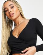 Asos Design Long Sleeve Wrap Front Crop Top In Black