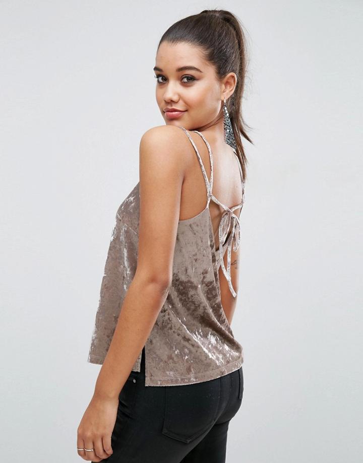 Asos Velvet Cami With Knot Tie Back - Beige