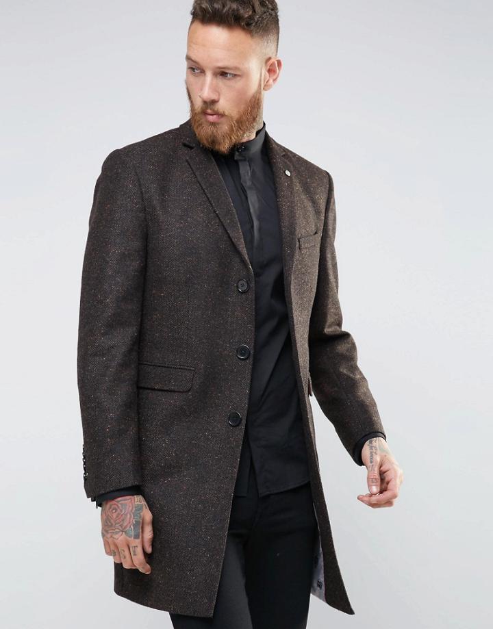 Noose & Monkey Herringbone Overcoat - Brown