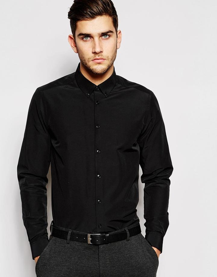 Asos Smart Shirt With Long Sleeve And Button Down Collar - Black