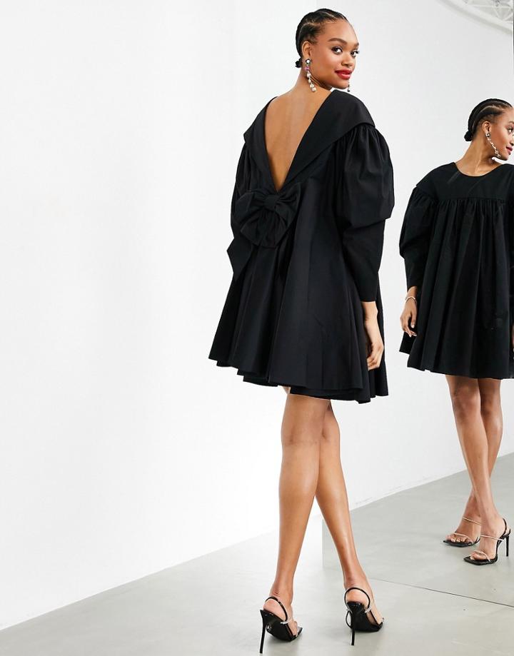 Asos Edition Oversized Bow V-back Smock Dress In Black