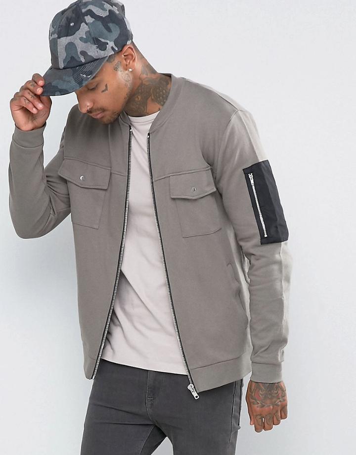 Asos Oversized Jersey Bomber Jacket With Woven Ma1 Pocket - Gray