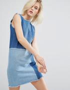 I Love Friday Shift Dress In Patchwork Denim - Blue