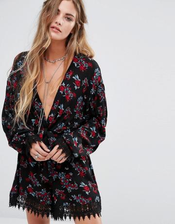 Kiss The Sky Wrap Front Long Sleeve Playsuit With Lace Trim - Black