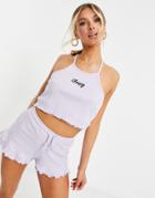 Threadbare Loungewear Sleepy Ribbed Frilly Crop Top And Shorts Set In Purple