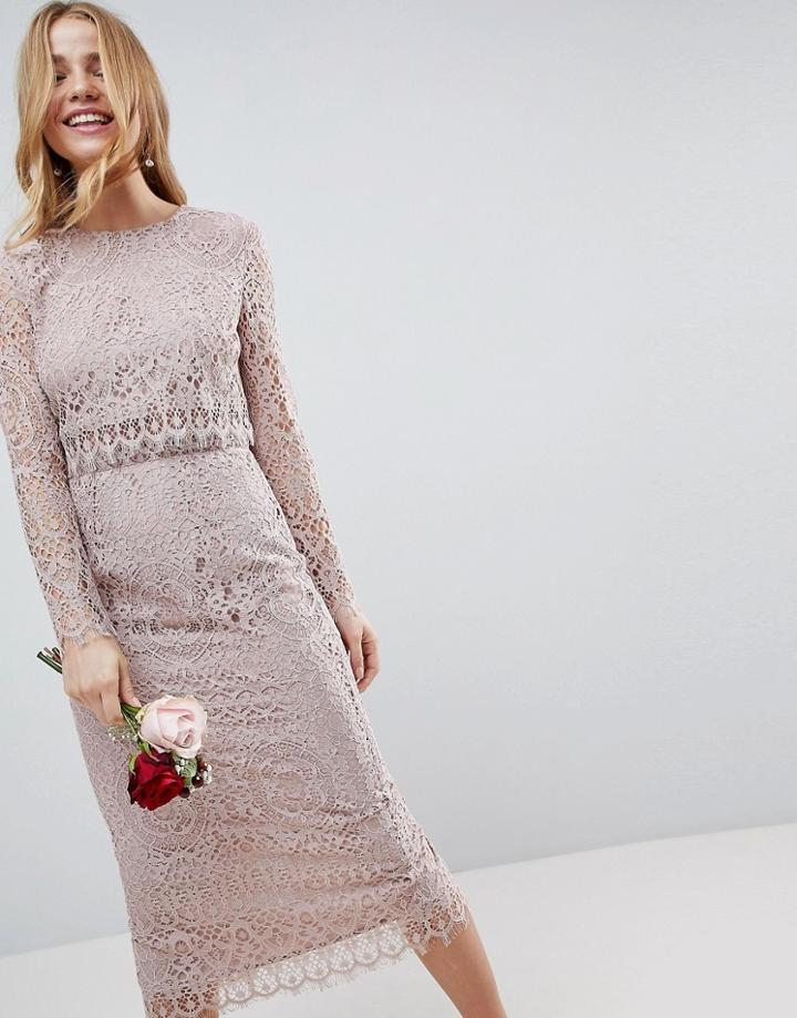 Asos Design Bridesmaid Lace Long Sleeve Midi Pencil Dress - Beige