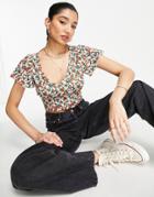 Pieces V Neck Crop Top In Ditsy Floral-multi