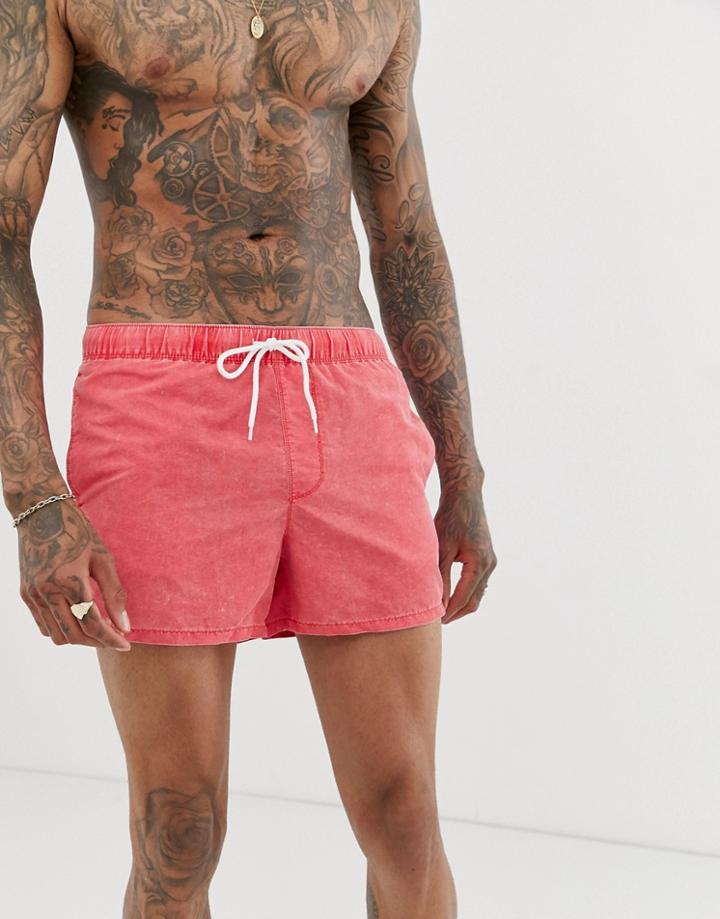 Asos Design Swim Shorts In Red Acid Wash In Short Length