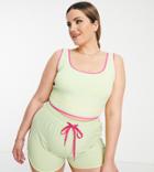 South Beach Plus Recycled Polyester Crop Top In Lime Green With Contrast Piping