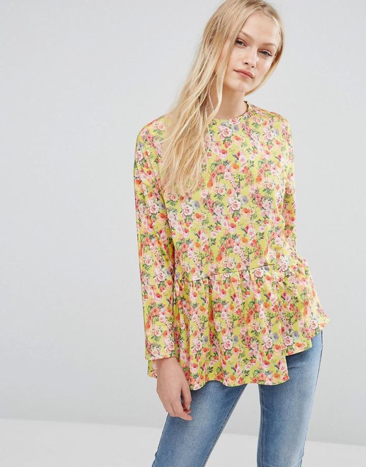 Asos Top With Ruffle Hem In Floral Print - Multi