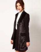 Warehouse Fur Front Tailored Coat - Black