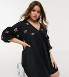 Asos Design Curve Mini Swing Dress With Balloon Sleeve And V Neck With Embroidery In Black
