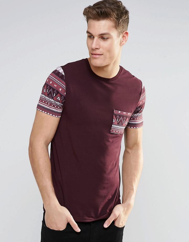 Asos Muscle T-shirt With Geo-tribal Pocket And Sleeve In Oxblood - Oxblood