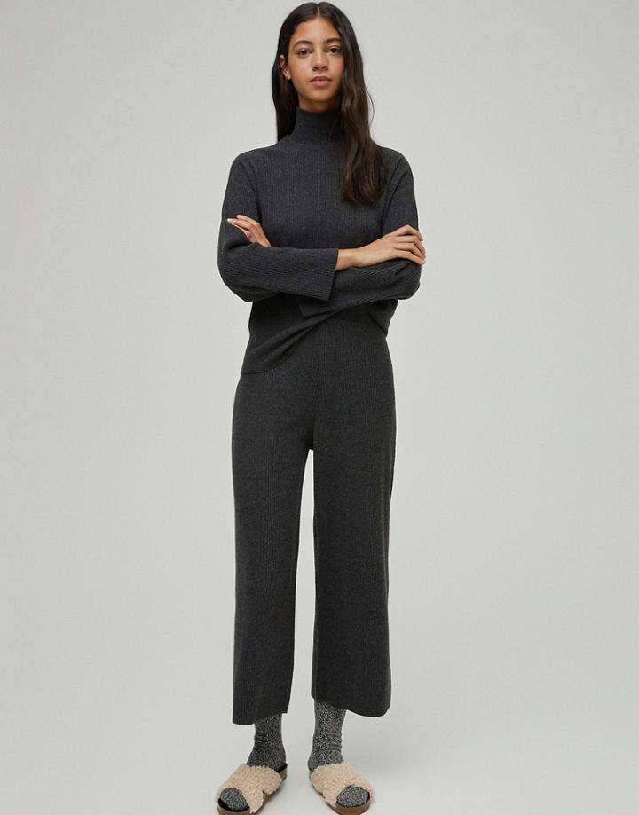 Pull & Bear Set Soft Touch Wide Leg Pants In Black