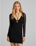 Bershka Keyhole Detail Long Sleeve Mesh Dress In Black