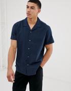 Asos Design Regular Fit Seersucker Plain Shirt In Navy - Navy