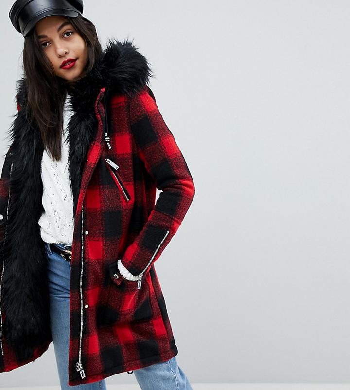 River Island Faux Fur Check Parka Coat - Multi