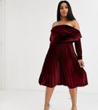 Asos Design Curve Velvet Long Sleeve Bardot Pleated Midi Dress-red