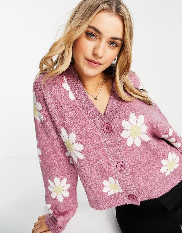 Pull & Bear Button Front Cardigan In Purple With Daisy Print