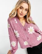 Pull & Bear Button Front Cardigan In Purple With Daisy Print