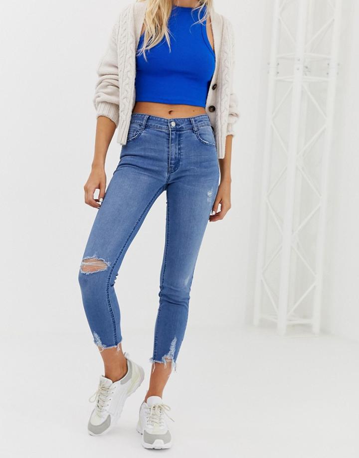 Pull & Bear Ripped Capri Jeans In Blue - Blue