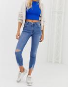 Pull & Bear Ripped Capri Jeans In Blue - Blue