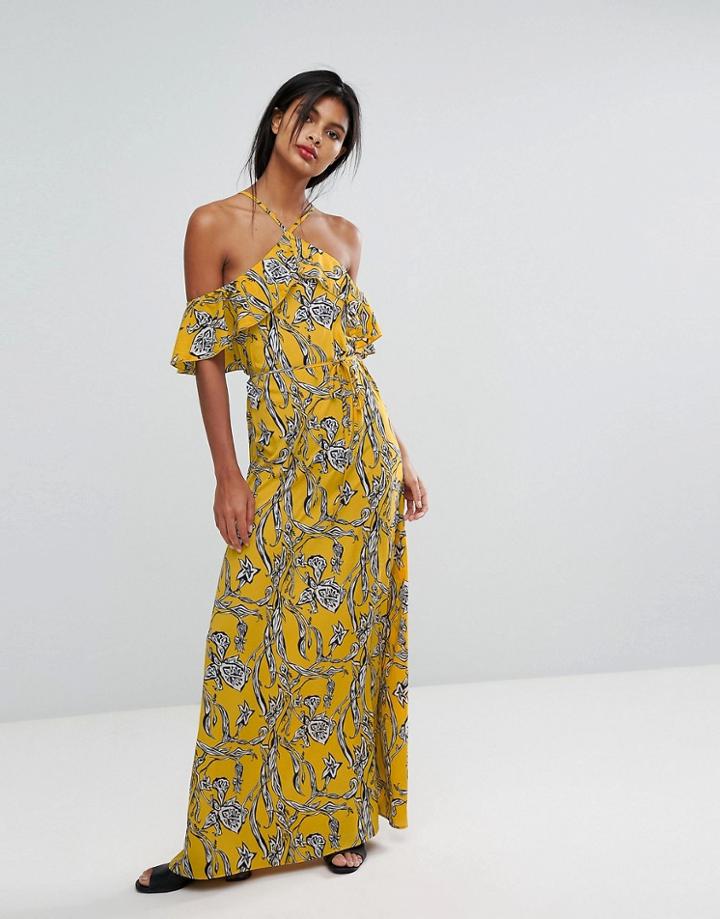 Ax Paris Yellow Printed Off The Shoulder Maxi Dress - Yellow