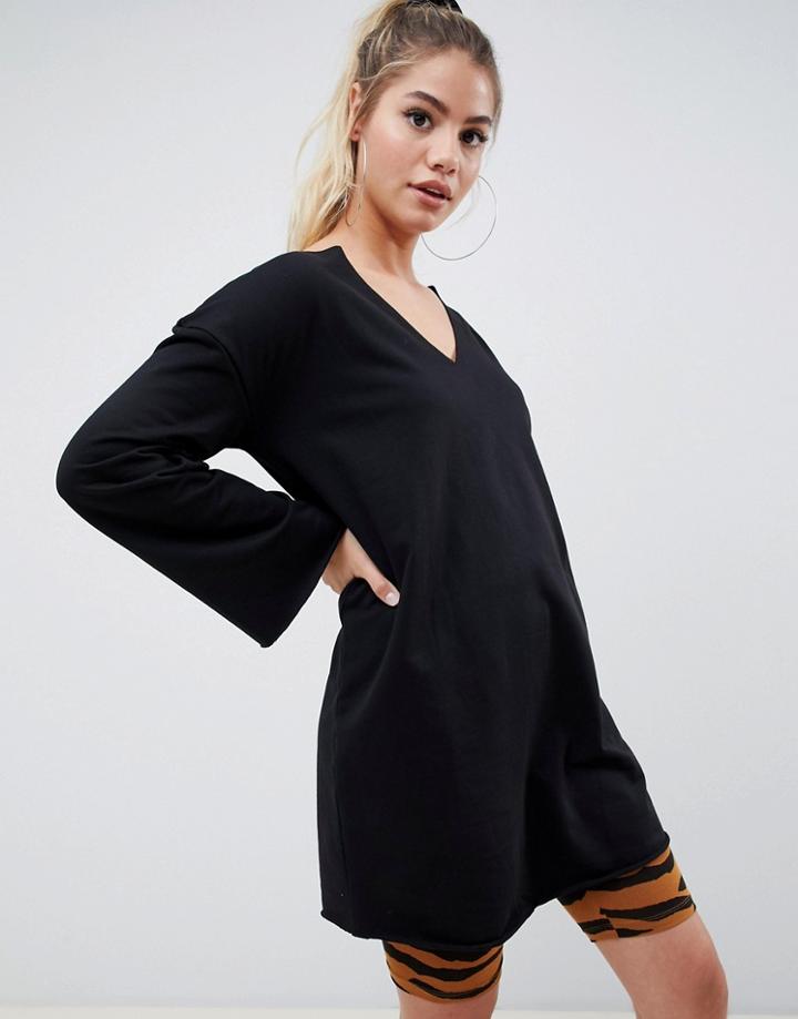 Asos Design V Front And Back Raw Edged Sweat Dress - Black